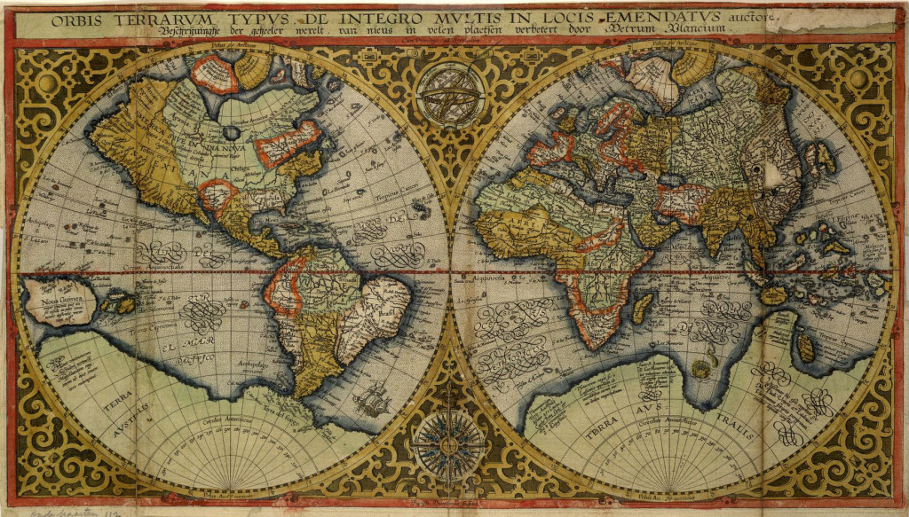 29x51 cm  De oudste wereldkaart door Petrus Plancius, afkomstig uit de Bijbel uitgegeven door Laurens Jacobsz in 1590